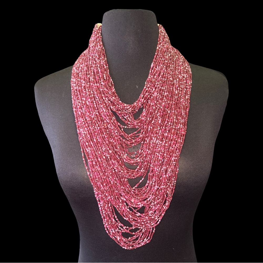 Boho Multistrand Seed Bead Statement Necklace – Layered Bib Style – New